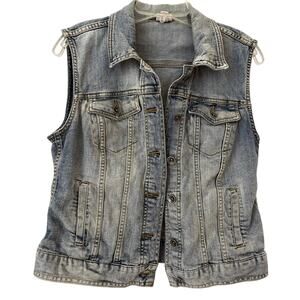 Merona Denim Vest Button Down Womens Size M Faded Casual Western Layer Pockets